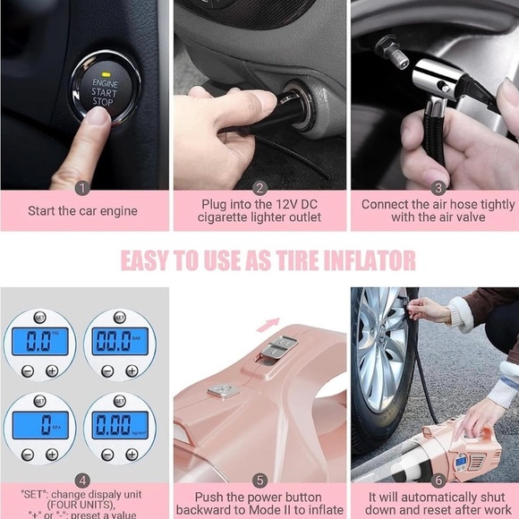 VARSK 4-in-1 Car Vacuum Cleaner /Portable Tire Inflator PINK 🌸 - Picture 9 of 14